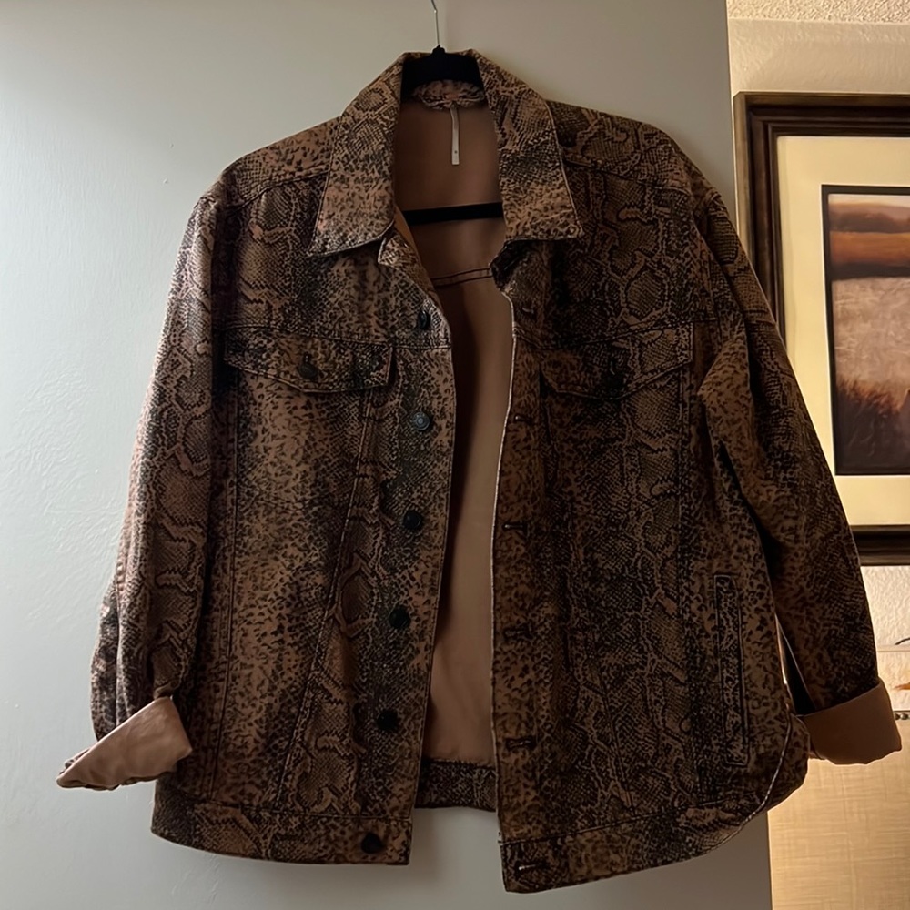 Free People brown snakeskin jacket, 100% cotton (no snake was harmed making it)